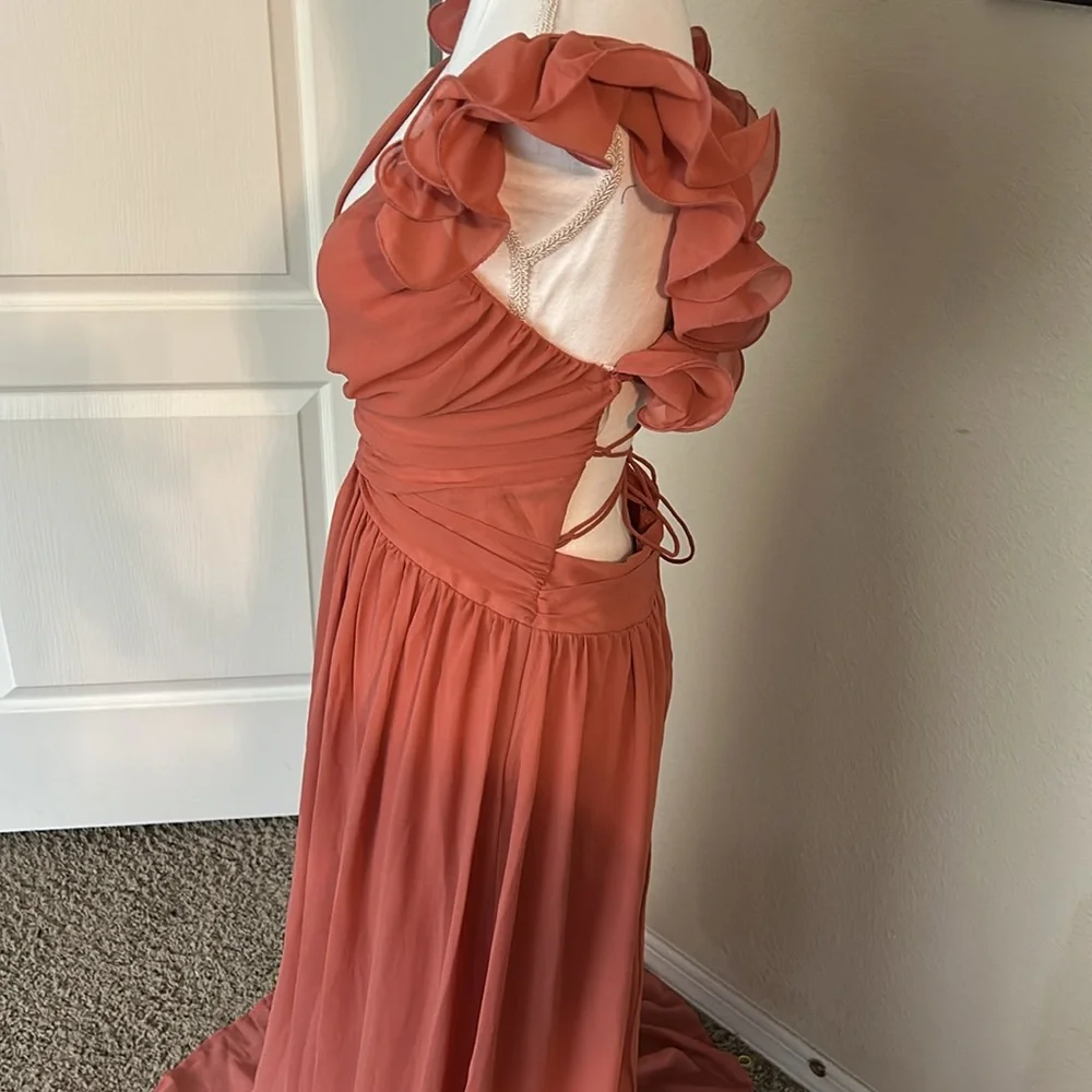 Lulu’s Large Soiree Celebration Rusty Rose Ruffled Lace-Up Maxi Dress - Picture 3 of 11